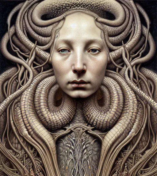 Prompt: detailed realistic beautiful snake goddess face portrait by jean delville, gustave dore, iris van herpen and marco mazzoni, art forms of nature by ernst haeckel, art nouveau, symbolist, visionary, gothic, neo - gothic, pre - raphaelite, fractal lace, intricate alien botanicals, ai biodiversity, surreality, hyperdetailed ultrasharp octane render