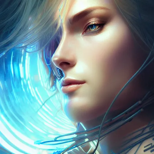 Image similar to futuristic woman portrait, sci-fi, amber eyes, face, long hair, fantasy, intricate, elegant, highly detailed, digital painting, artstation, concept art, smooth, sharp focus, illustration, art by artgerm and greg rutkowski and alphonse mucha