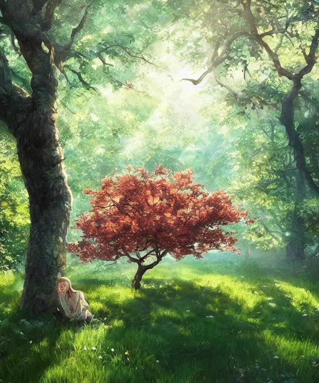 Image similar to an apple tree in a forest, sunbeams, natural lighting. 8 k, octane render, full shot. by makoto shinkai, stanley artgerm lau, wlop, rossdraws, james jean, andrei riabovitchev, marc simonetti, krenz cushart, sakimichan, d & d trending on artstation, digital art.