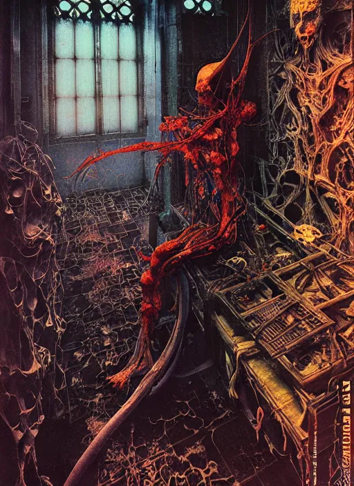 Prompt: torture room in an old soviet apartment by Ayami Kojima, Amano, Karol Bak, Greg Hildebrandt, and Mark Brooks, Neo-Gothic, gothic, rich deep colors. Beksinski painting, part by Adrian Ghenie and Gerhard Richter. art by Takato Yamamoto. masterpiece. realistic detailed image