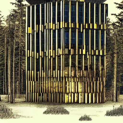 Prompt: a giant brutalist building in the forest in russia, building facing, reflections, symmetry, highly detailed, golden ratio, black and white color scheme, etching render