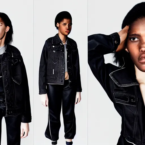 Prompt: realistic photoshooting for a new balenciaga lookbook color film photography portrait of a beautiful woman model, model wears a black paneled denim jacket, photo in style of tyler mitchell