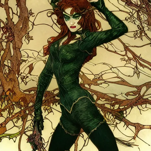 Image similar to a beautiful painting of poison ivy dressed as a teenage vampire, leather armored, dark eyeliner, intricate, elegant, highly detailed, digital painting, artstation, concept art, matte, sharp focus, illustration, art byby rebecca guay and by arthur rackham and by alphonse mucha and by john william waterhouse, comic book style!!