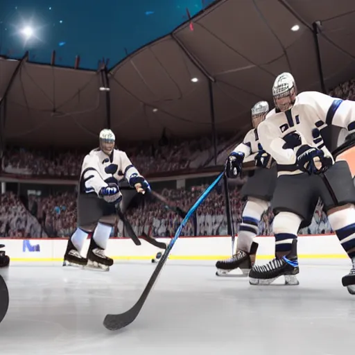 Image similar to cats playing ice hockey, unreal engine 5 4 k, hyperdetailed photorealism, extremely high quality