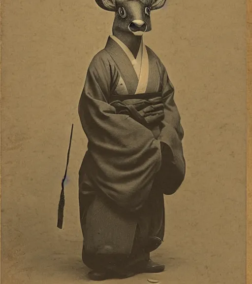 Image similar to 1 8 th century japanese street market in kyoto 1 9 0 0 s early photography portrait anthro anthropomorphic deer head animal person fursona wearing clothes street trader