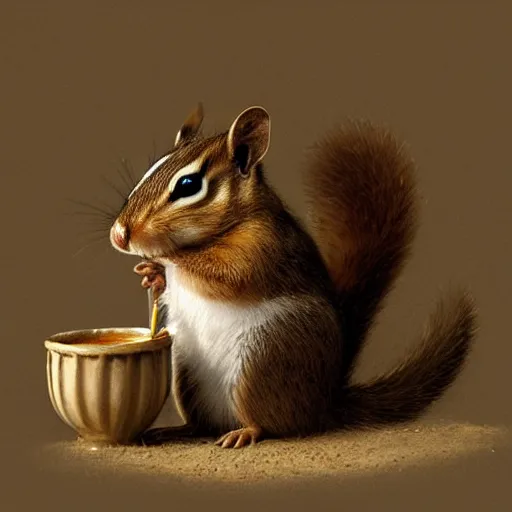 Image similar to a chipmunk drinks out of a cup shaped like an acorn, highly detailed, artstation, art by greg rutkowski,