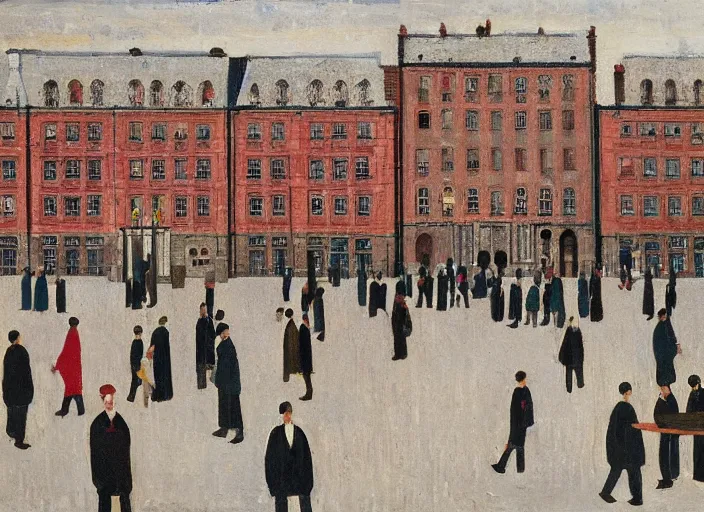 Image similar to a scene from a wes anderson movie painted by ls lowry