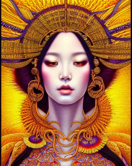 Prompt: portrait of a beautiful sun goddess, enigmatic beauty, esoteric, other worldly colors, head in focus, fantasy art, ornamental aesthetics intricate, elegant, highly detailed, hyperrealistic painting, artstation, concept art, painterly, sharp focus, illustration, art by chie yoshii