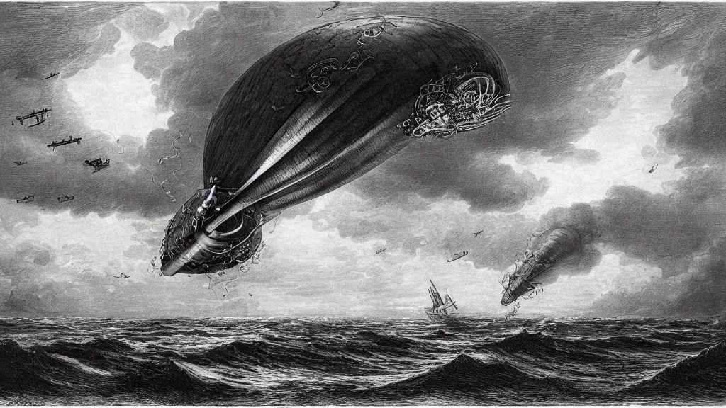 Image similar to drawing of one giant steampunk zeppelin flying above a stormy ocean, by gustave dore, nineteenth century, black and white, vintage, science fiction, epic composition, dramatic lighting, highly detailed, cinematic