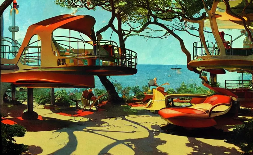 Prompt: a scene of futuristic treehouse lounge by water.. highly detailed science fiction painting by norman rockwell, frank frazetta, and syd mead. rich colors, high contrast, gloomy atmosphere, dark background. trending on artstation