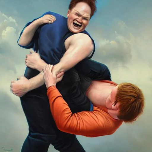 Image similar to conan o'brien and andy richter wrestling, by tom bagshaw, oil on canvas