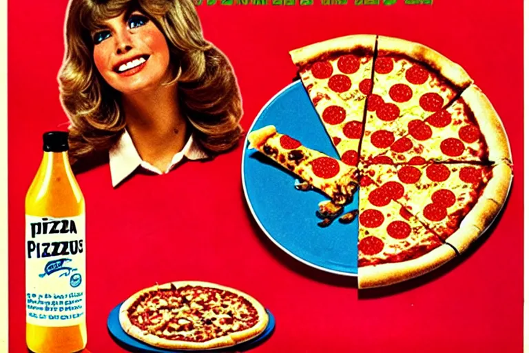 Prompt: 7 0 s, pizza, advertisement