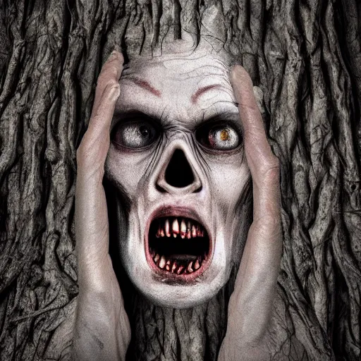 Image similar to an angry pale corpse trapped within a tree trunk, horror, photography, hyper realistic, daytime, gloomy forest, nightmarish