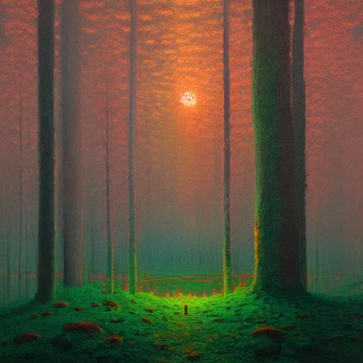 Image similar to A glowing forest by Simon Stålenhag and Claude Monet