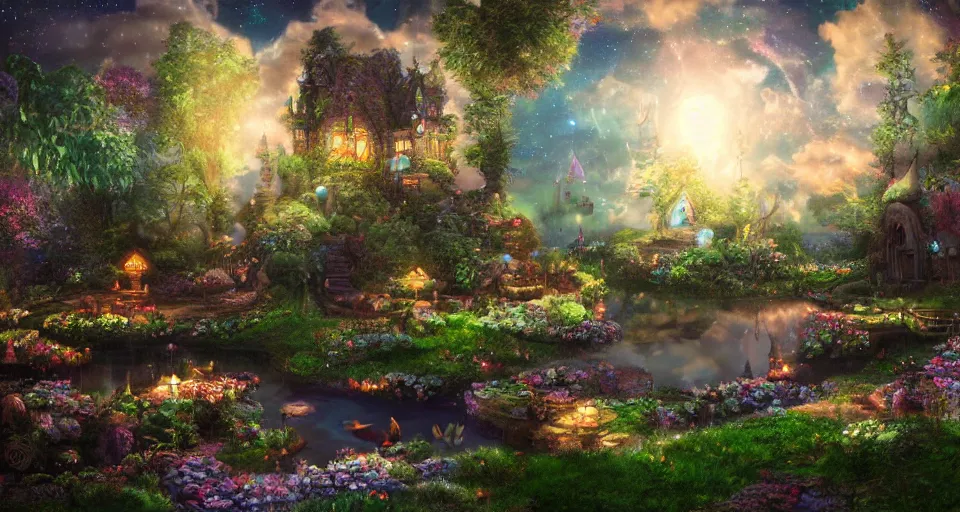 Prompt: a whimsical fairyland with a pond, starry sky, ambient lighting, fantasy art, computer render style art, unreal engine