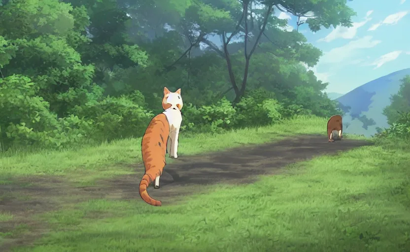 Prompt: cat walking the Appalachian trail, anime scenery by Makoto Shinkai, wholesome digital art