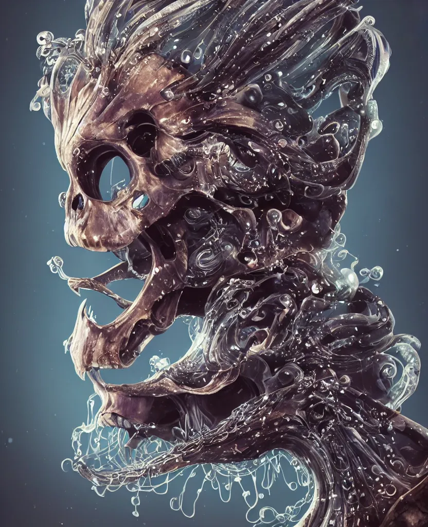 Image similar to close-up macro portrait of the face of a beautiful princess with animal skull mask, epic angle and pose, symmetrical artwork, 3d with depth of field, blurred background, cybernetic jellyfish female face skull phoenix bird, translucent, nautilus, energy flows of water and fire. a highly detailed epic cinematic concept art CG render. made in Maya, Blender and Photoshop, octane render, excellent composition, cinematic dystopian brutalist atmosphere, dynamic dramatic cinematic lighting, aesthetic, very inspirational, arthouse. y Greg Rutkowski, Ilya Kuvshinov, WLOP, Stanley Artgerm Lau, Ruan Jia and Fenghua Zhong