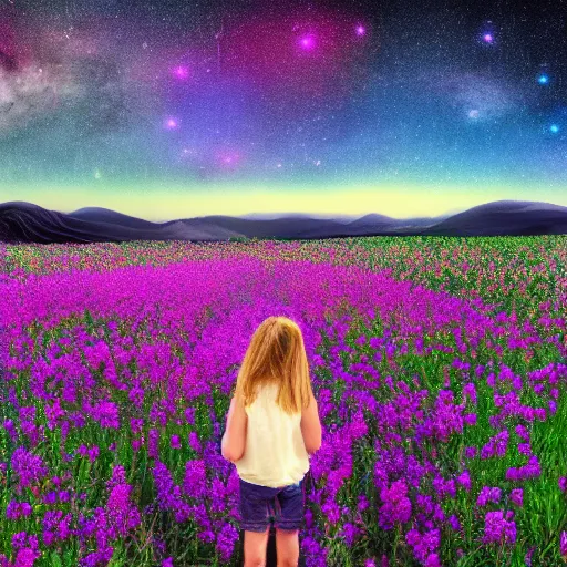 Prompt: girl among the flower field looks at the cosmic sky, epic, 4 k, high detalied, hyper realistic