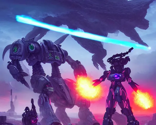 Prompt: artgerm, artstation, massive science fiction battlefield mech machines firing at Kaiju bug monsters, people in space armor shooting neon lasers, destroyed buildings in the background, zerg StarCraft