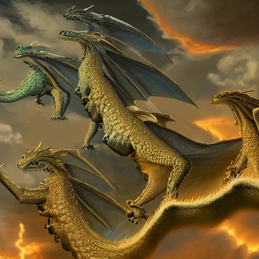 Prompt: ancient earth with multiple dragons flying in the sky