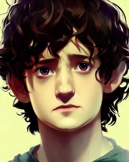 Image similar to poster Anime playing Frodo Frodo || cute-fine-face, pretty face, realistic shaded Perfect face, fine details. Anime. realistic shaded lighting by Ilya Kuvshinov katsuhiro otomo ghost-in-the-shell, magali villeneuve, artgerm, Jeremy Lipkin and Michael Garmash and Rob Rey Elijah Wood