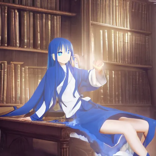 Prompt: rimuru tempest from tensei shitara slime datta ken reading in a dusty victorian era library, regal, with blue long hair, white robes, red eyes, beautiful young face, highly detailed, 8 k, octane render, trending on cgsociety