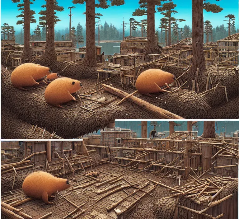 Image similar to photography hyperrealism concept art of highly detailed anthropomorphic beavers builders that building city with sticks by hasui kawase and scott listfield sci - fi style hyperrealism