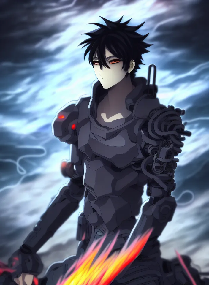 Prompt: a detailed manga illustration character full body portrait of a dark haired cyborg handsome anime man surrounded by clouds of dark smoke and fire, trending on artstation, digital art, 4 k resolution, detailed, high quality, sharp focus, hq artwork, insane detail, concept art, character concept, character illustration, full body illustration, perfect anatomy, cinematic, volumetric lighting