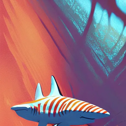 Image similar to orange and white striped traffic cone with 5 rows of shark teeth breaking through the cracks, ocean background detailed atmospheric - ron cheng & alphonse mucha, highly detailed, digital painting, ray tracing, concept art, illustration, smooth sharp focus, intricate, symmetry, artstation,