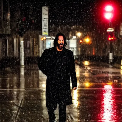 Image similar to keanu reeves walking in the rain on a reflective city street near a red flashing street light, highly detailed face and reflections misty dark close up photograph