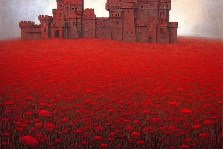 Image similar to only with red, red flowers of different types, a red tiger, a castle in the background, medieval demons dance over the flowers, an ancient path, in the style of beksinski, part by hopper, part by rodcenko, part by hofbauer, intricate composition, red by caravaggio, insanely quality, highly detailed, masterpiece, red light, artstation