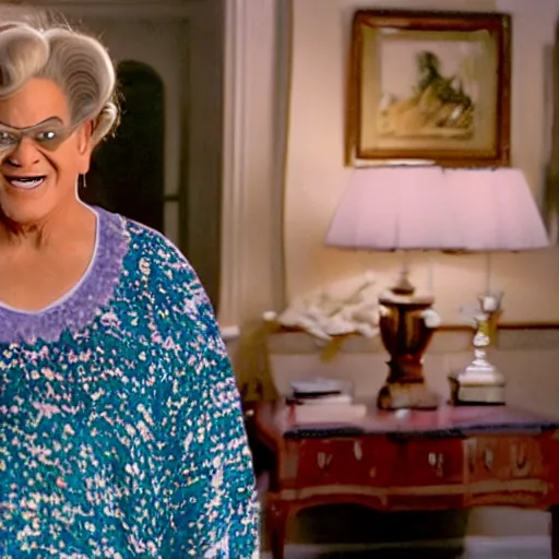 Prompt: A movie still of Beyonce as Mrs Doubtfire, dynamic lighting, smiling, 8k, 2022 picture of the year