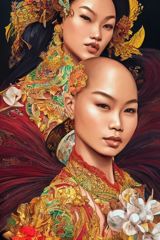 Image similar to portrait of an indonesian supermodels wearing traditional costume, highly detailed, digital painting, artstation, concept art, sharp focus, illustration, art by kittichai rueangchaichan and james gurney and alphonse mucha