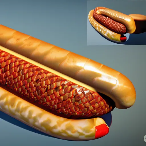 Image similar to photorealistic snake hotdog. hyperdetailed photorealism, 1 0 8 megapixels, amazing depth, high resolution, 3 d shading, 3 d finalrender, 3 d cinematic lighting, glowing rich colors, artstation concept art.