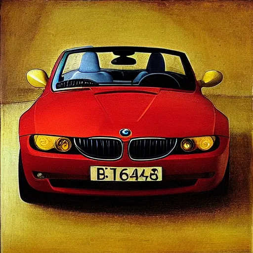 Prompt: “Painting of a BMW Z3 by Leonardo da Vinci, oil on canvas, 15th century”