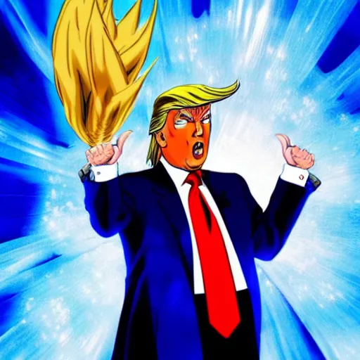 Image similar to donal trump being a super saiyajin blue god