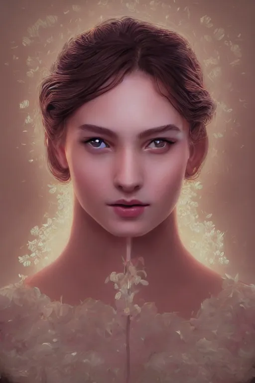 Image similar to stunningly beautiful face, prima ballerina in rose garden, symmetrical face, golden hour, smooth, focus, highly detailed, hyper realistic, dramatic lighting, elegant, intricate, concept art, art by wlop, mars ravelo, greg rutowski, artstation