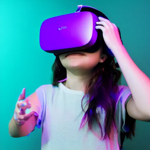 Prompt: a girl wearing vr headset in a cyan and purple lit room