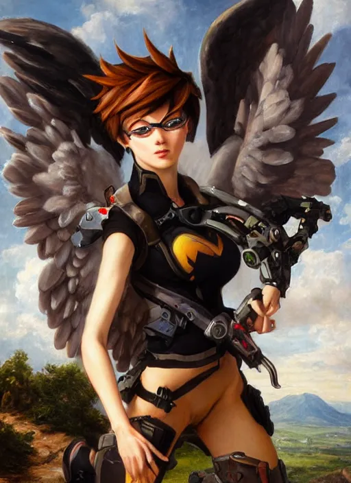 Image similar to oil painting of tracer overwatch in the style of sophie anderson, on knees, angel wings, black outfit, dramatic painting, wearing steel collar,