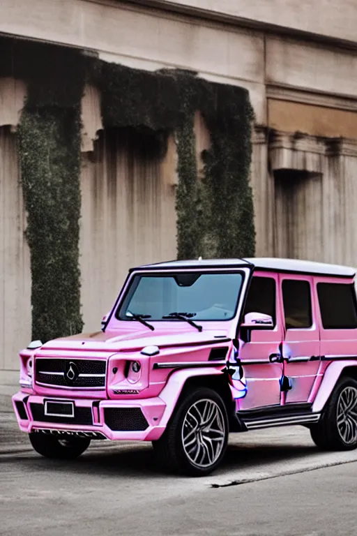 Prompt: Photo of a pink Mercedes-Benz G63 parked next to a Lamborghini Aventador in front of a building, wide shot, poster, photo print, golden hour, daylight, vibrant, volumetric lighting, award winning