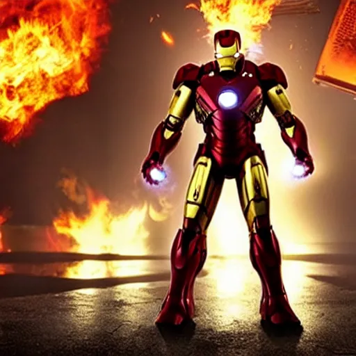 Prompt: < photo hd stunning reimagined mood = gritty gaze = camera > iron man shooting flames from his hands, burning city in the background < / photo >