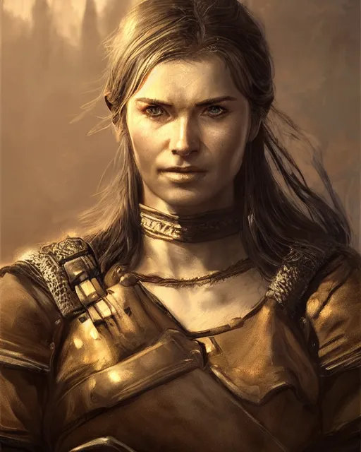 Image similar to the elder scrolls vi, charismatic rugged female nord warrior portrait, illustration, rim light, top light, perfectly shaded, golden hour, epic, intricate, soft painting, art by ross tran, krenz cushart and wenjun lin