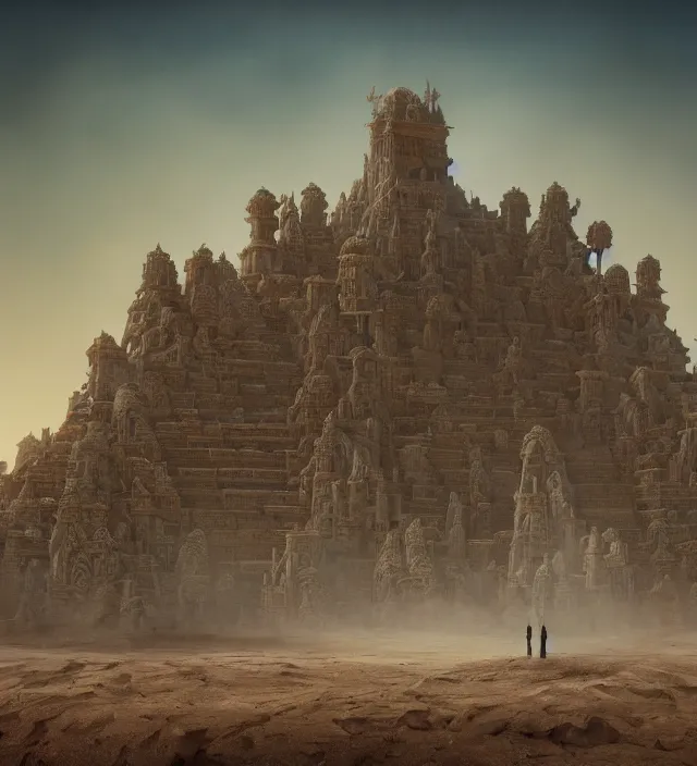 Prompt: an anthropomorphic beautiful giant lost temple made of dust in a desert, fine art, award winning, intricate, elegant, sharp focus, octane render, hyperrealistic, cinematic lighting, highly detailed, digital painting, 8 k concept art, art by jamie hewlett and z. w. gu, masterpiece, trending on artstation, 8 k