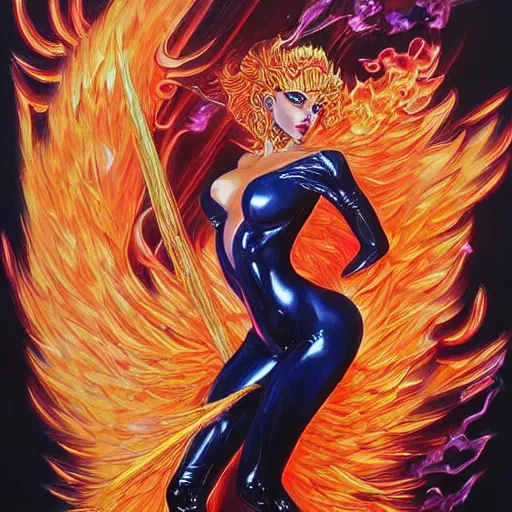 Prompt: the Pheonix Queen of fire and smoke painting by Hajime Sorayama