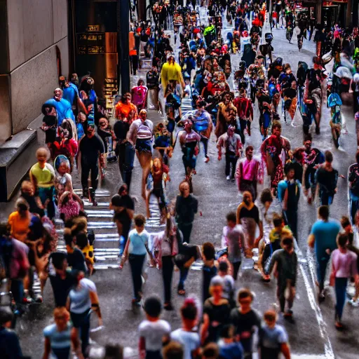 Image similar to portrait of a horde of midgets raiding the streets of new york city, sharp focus, 4 k editorial photograph, soft lighting, shallow depth of field, people out of focus