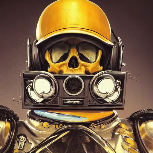 Prompt: a portrait of an anthropomorphic vintage skull in a racing helmet by sandra chevrier, detailed render, tape deck, boombox, headphones, epic composition, cybernetics, 4 k realistic, cryengine, realistic shaded lighting, sharp focus, masterpiece, by matteo scalera, gary montalbano, peter elson in the style of the tokyo ghost comic