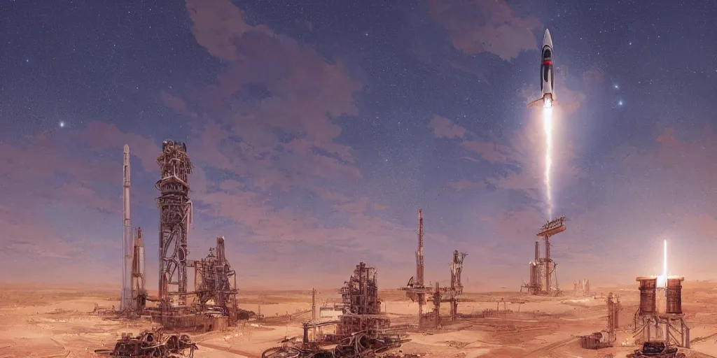 anime spaceport rocket launch site in desert steampunk