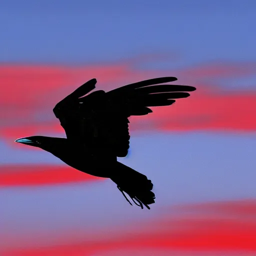 Image similar to blue raven flying on a red sky, realistic