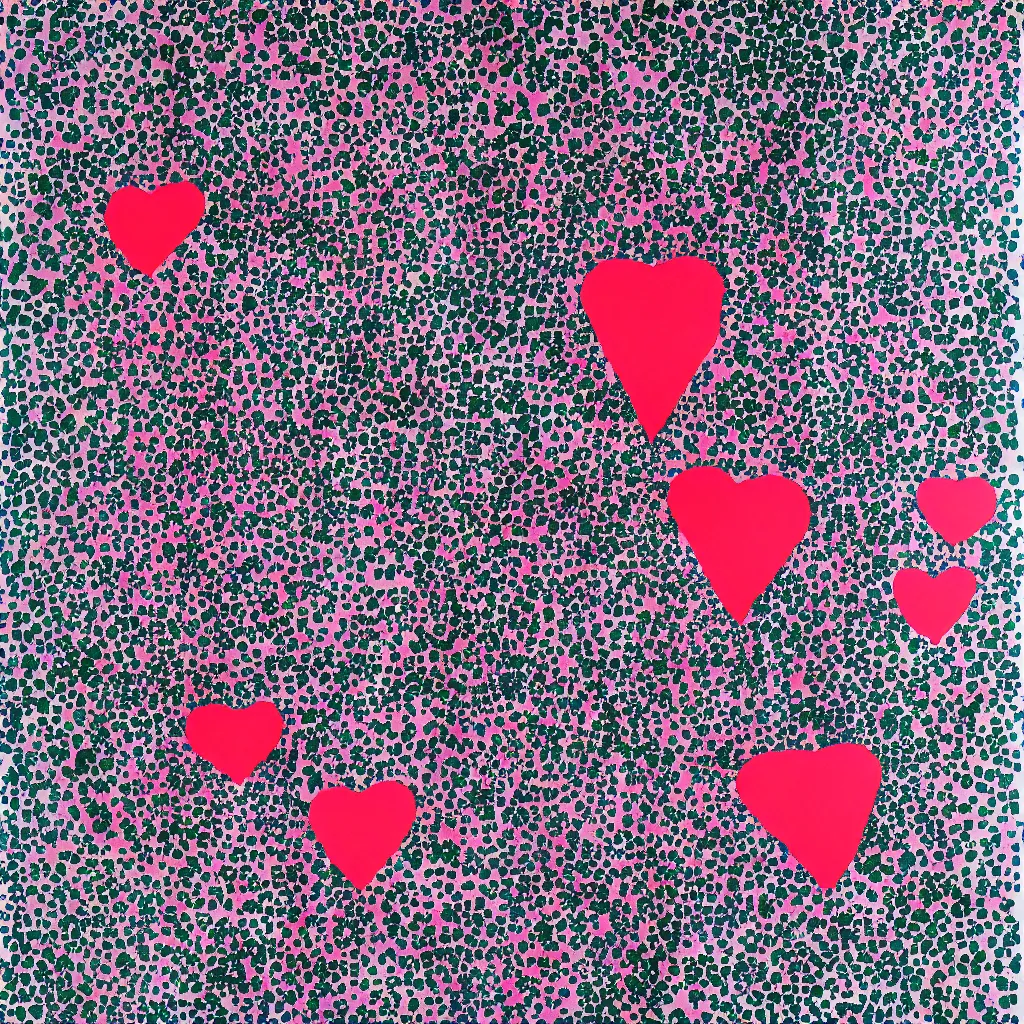 Image similar to camouflage made of hearts, smiling, abstract, rei kawakubo artwork, cryptic, dots, stipple, lines, splotch, color tearing, pitch bending, color splotches, dark, ominous, eerie, minimal, points, technical, old painting