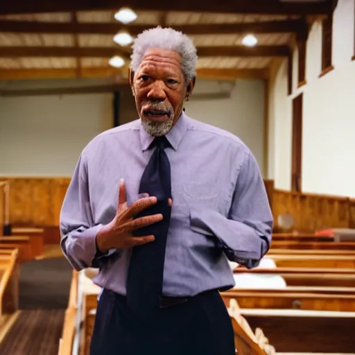 Prompt: cinematic still of Morgan Freeman preaching at a Baptist Church in Rural Tennessee, close up, shallow depth of field, cinematic